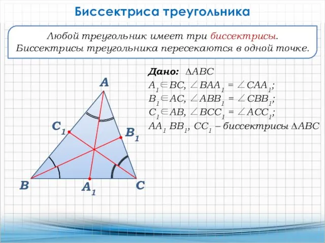 В А С Любой треугольник имеет три биссектрисы. Биссектрисы треугольника