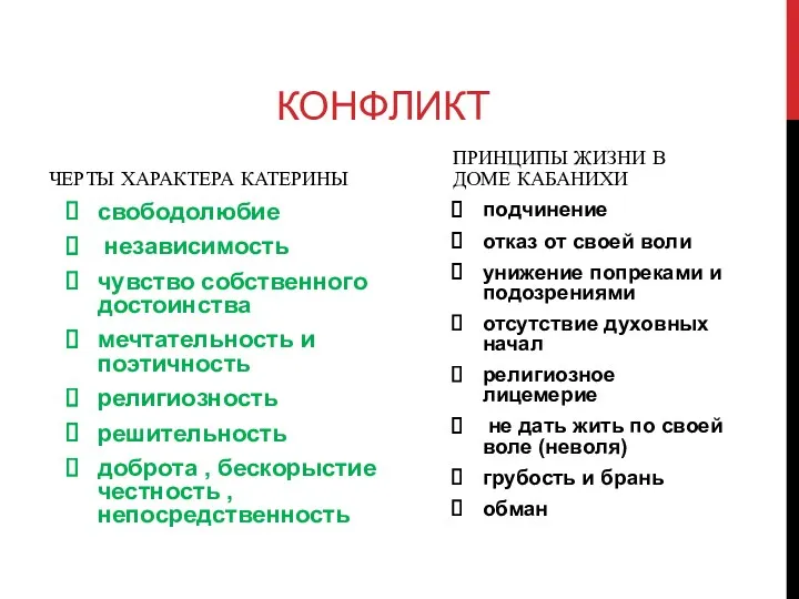 КОНФЛИКТ ЧЕРТЫ ХАРАКТЕРА КАТЕРИНЫ свободолюбие независимость чувство собственного достоинства мечтательность