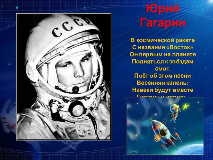 Юрий Гагарин В космической ракете С название «Восток» Он первым на планете Подняться