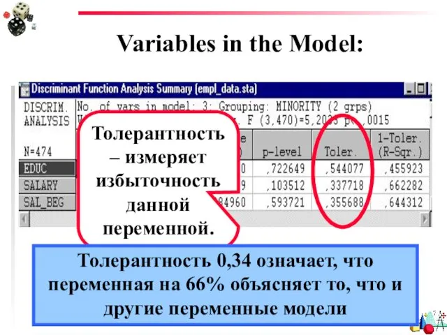 Variables in the Model: Толерантность – измеряет избыточность данной переменной.