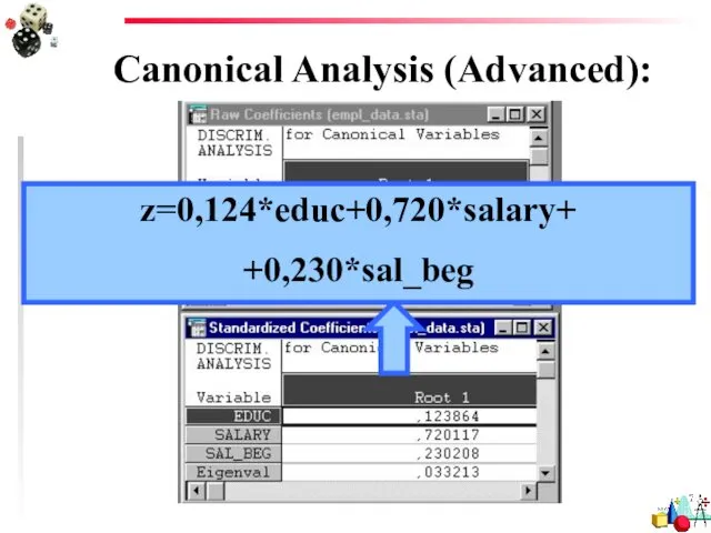 Canonical Analysis (Advanced): z=0,124*educ+0,720*salary+ +0,230*sal_beg