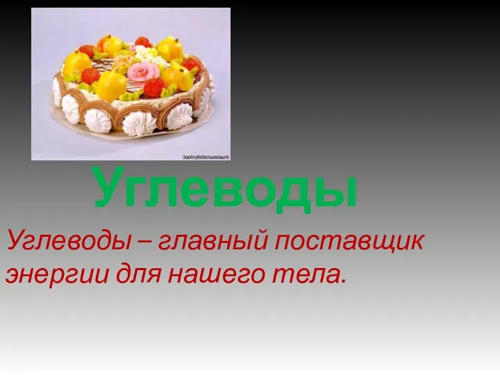 Углеводы Углеводы – главный поставщик энергии для нашего тела.