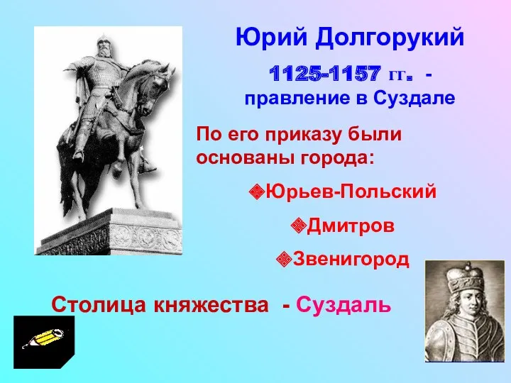 Юрий Долгорукий 1125-1157 гг. - правление в Суздале По его