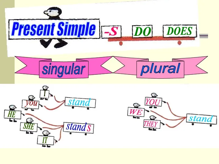Present Simple -S DO DOES singular plural I you HE