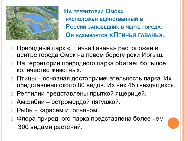 На территории Омска расположен единственный в России заповедник в черте города. Он называется