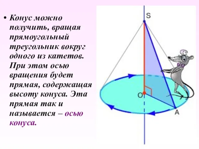 Конус можно получить, вращая прямоугольный треугольник вокруг одного из катетов. При этом осью