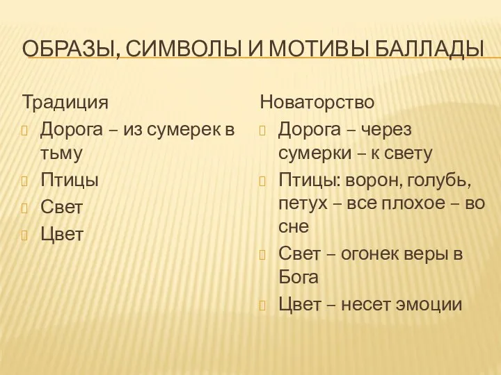 Образы, СИМВОЛы и мотивы баллады Традиция Дорога – из сумерек