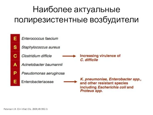 Наиболее актуальные полирезистентные возбудители Peterson LR. Clin Infect Dis. 2009;49:992-3.