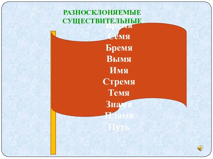 Племя Время Семя Бремя Вымя Имя Стремя Темя Знамя Пламя Путь РАЗНОСКЛОНЯЕМЫЕ СУЩЕСТВИТЕЛЬНЫЕ