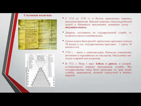 Сословная политика С 1718 по 1724 гг. в России проводилась