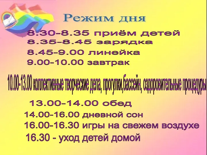 Режим дня 8.30-8.35 приём детей 8.35-8.45 зарядка 8.45-9.00 линейка 9.00-10.00