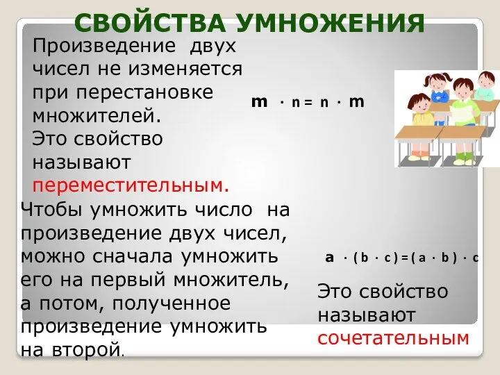 Свойства умножения Произведение двух чисел не изменяется при перестановке множителей. Это свойство называют