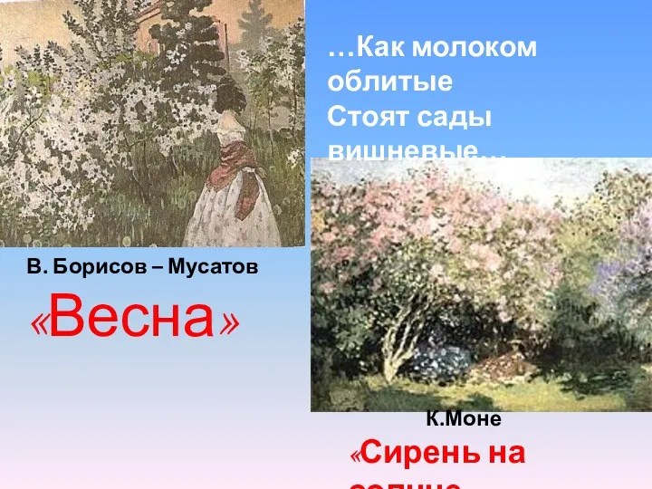 К.Моне «Сирень на солнце» В. Борисов – Мусатов «Весна» …Как молоком облитые Стоят сады вишневые…
