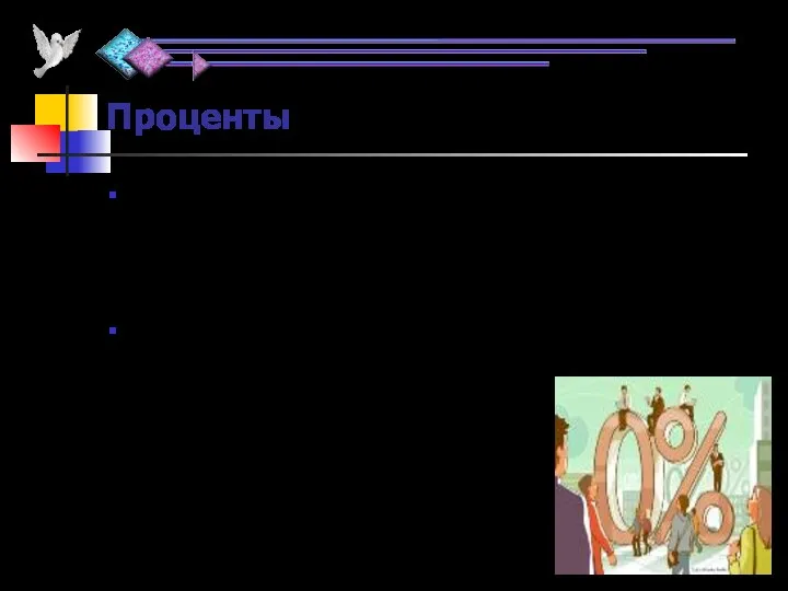 Проценты Слово «процент» происходит от латинских слов pro centum, что буквально означает «со