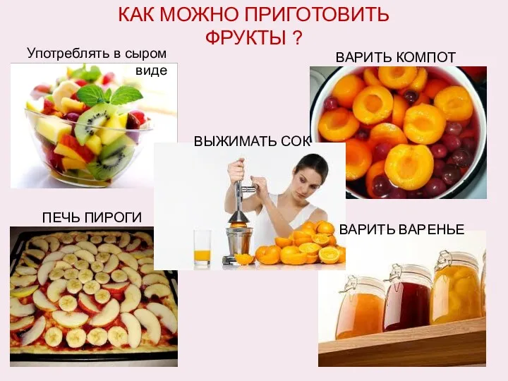 КАК МОЖНО ПРИГОТОВИТЬ ФРУКТЫ ? Употреблять в сыром виде ВАРИТЬ КОМПОТ ПЕЧЬ ПИРОГИ