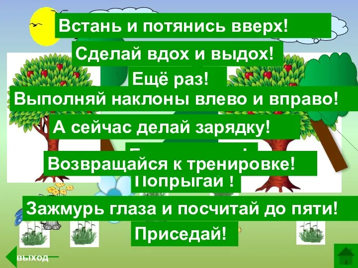 А сейчас делай зарядку! Встань и потянись вверх! Выполняй наклоны