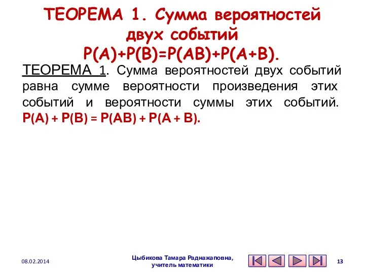 ТЕОРЕМА 1. Сумма вероятностей двух событий P(A)+P(B)=P(AB)+P(A+B). ТЕОРЕМА 1. Сумма