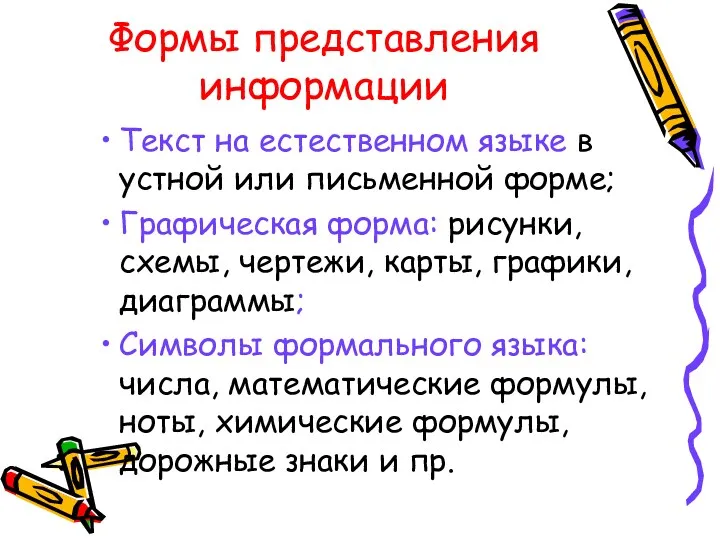 Формы представления информации Текст на естественном языке в устной или письменной форме; Графическая