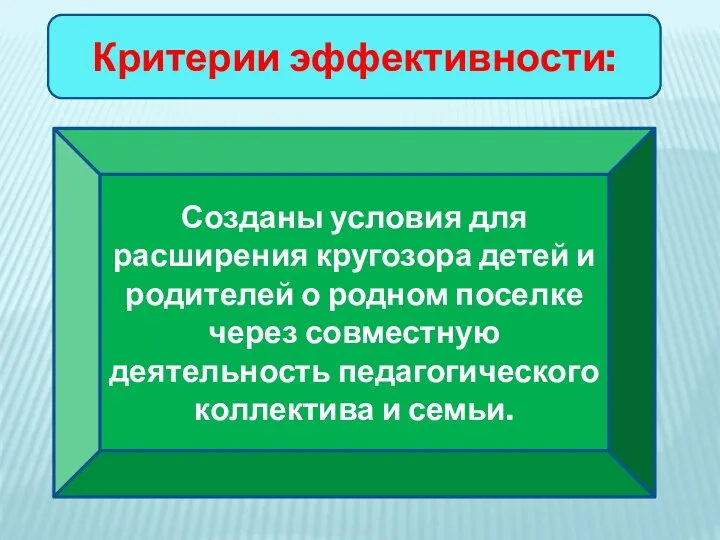 Критерии эффективности: Созданы условия для расширения кругозора детей и родителей о родном поселке