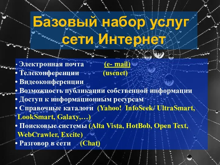 Базовый набор услуг сети Интернет Электронная почта (e- mail) Телеконференции