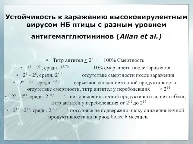 Устойчивость к заражению высоковирулентным вирусом НБ птицы с разным уровнем