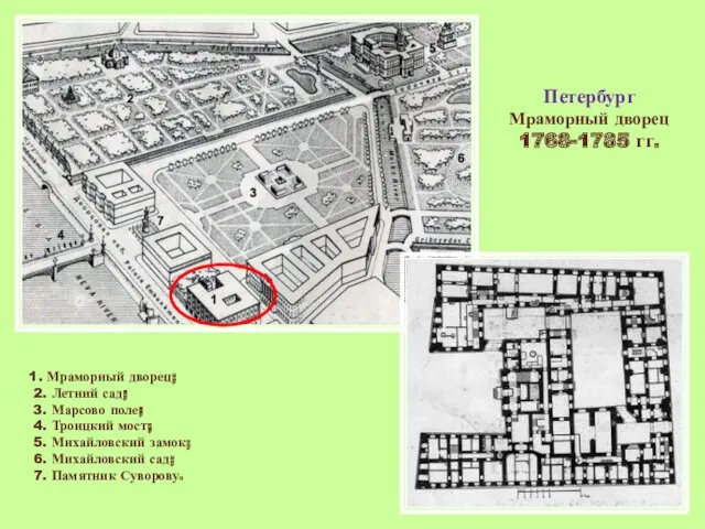 Петербург Мраморный дворец 1768-1785 гг. 1. Мраморный дворец; 2. Летний