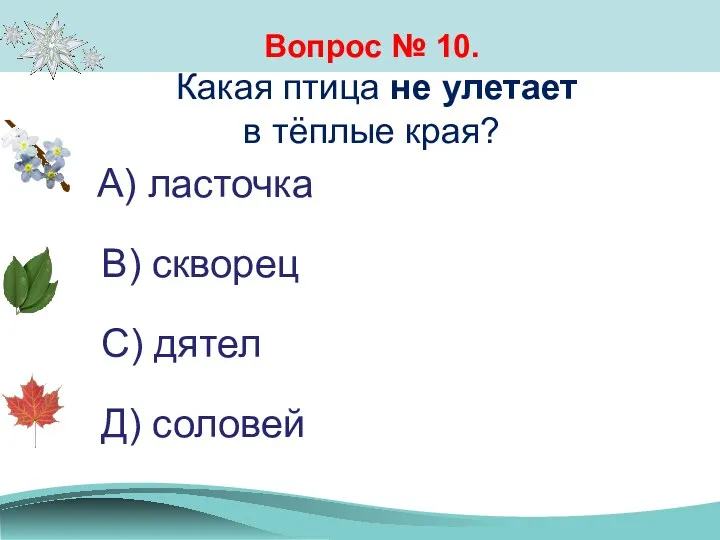 Вопрос № 10. Какая птица не улетает в тёплые края? А) ласточка В)