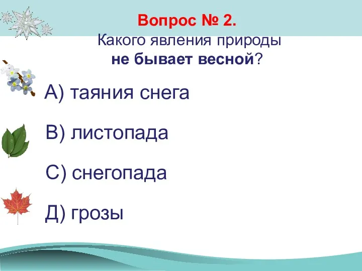 Вопрос № 2. Какого явления природы не бывает весной? А)