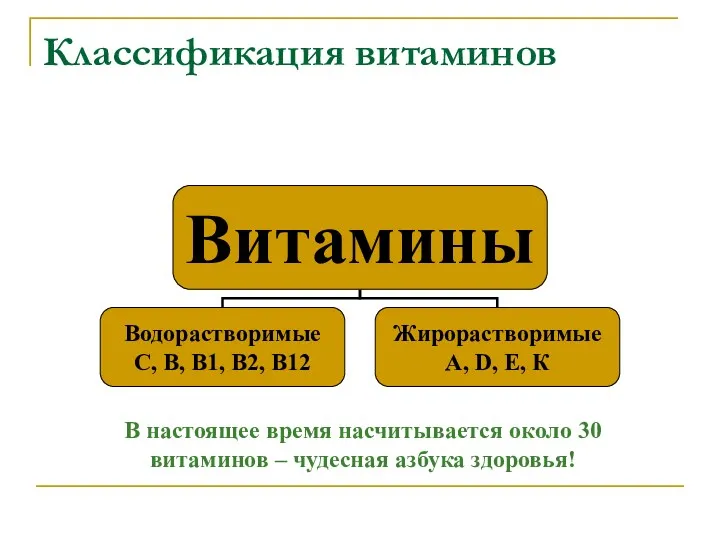 Классификация витаминов В настоящее время насчитывается около 30 витаминов – чудесная азбука здоровья!