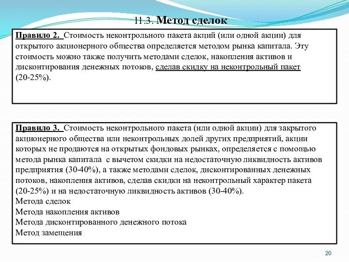 11.3. Метод сделок Правило 2. Стоимость неконтрольного пакета акций (или