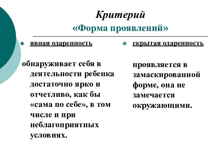 Критерий «Форма проявлений» явная одаренность обнаруживает себя в деятельности ребенка