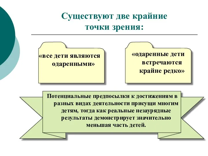 Существуют две крайние точки зрения: «все дети являются одаренными» «одаренные