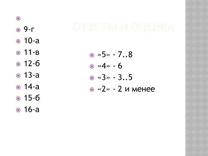 Ответы и оценка 9-г 10-а 11-в 12-б 13-а 14-а 15-б