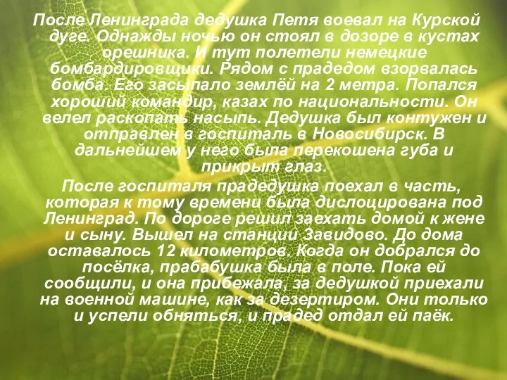 После Ленинграда дедушка Петя воевал на Курской дуге. Однажды ночью