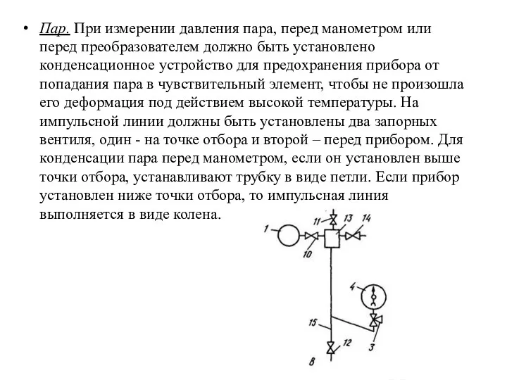 Пар. При измерении давления пара, перед манометром или перед преобразователем