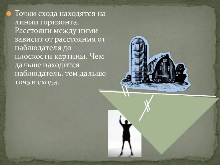 Точки схода находятся на линии горизонта. Расстояни между ними зависит от расстояния от