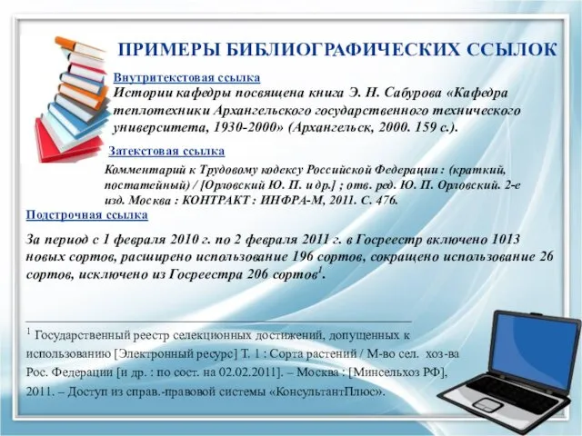 ПРИМЕРЫ БИБЛИОГРАФИЧЕСКИХ ССЫЛОК Истории кафедры посвящена книга Э. Н. Сабурова