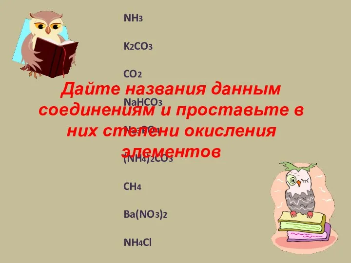 NH3 K2CO3 CO2 NaHCO3 Na3PO4 (NH4)2CO3 CH4 Ba(NO3)2 NH4Cl Дайте названия данным соединениям