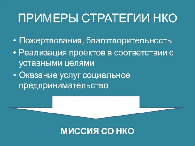 ПРИМЕРЫ СТРАТЕГИИ НКО Пожертвования, благотворительность Реализация проектов в соответствии с