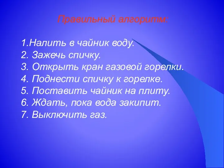 Правильный алгоритм: 1.Налить в чайник воду. 2. Зажечь спичку. 3. Открыть кран газовой