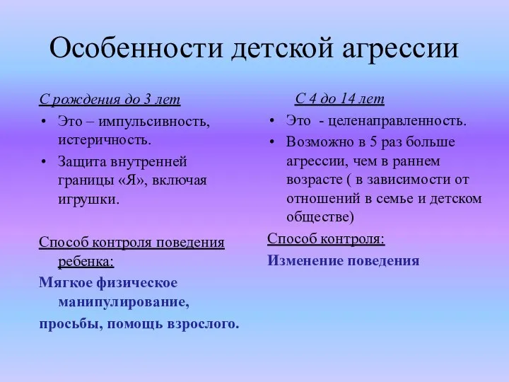 Особенности детской агрессии С рождения до 3 лет Это –