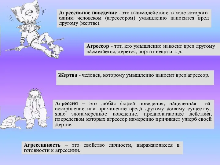 Агрессор - тот, кто умышленно наносит вред другому: насмехается, дерется,