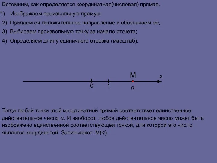 Вспомним, как определяется координатная(числовая) прямая. Изображаем произвольную прямую; х 0