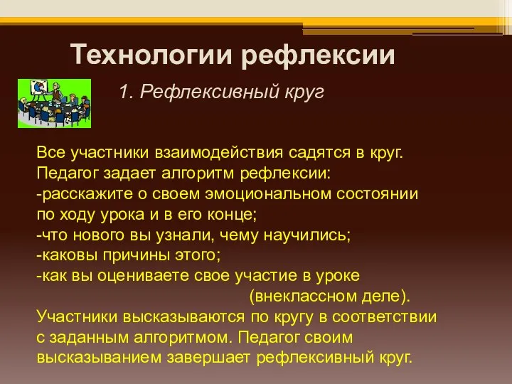 Технологии рефлексии 1. Рефлексивный круг Все участники взаимодействия садятся в