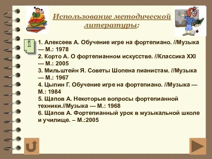 Использование методической литературы: 1. Алексеев А. Обучение игре на фортепиано.