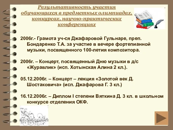 Результативность участия обучающихся в предметных олимпиадах, конкурсах, научно-практических конференциях 2006г.-