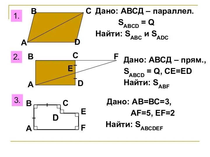 1. А В С D Дано: АВСД – параллел. SАВСD = Q Найти: