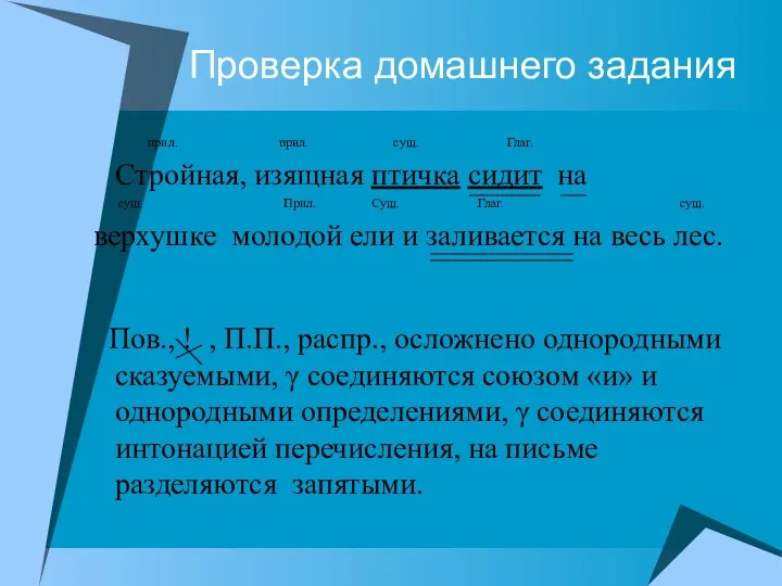 Проверка домашнего задания прил. прил. сущ. Глаг. Стройная, изящная птичка