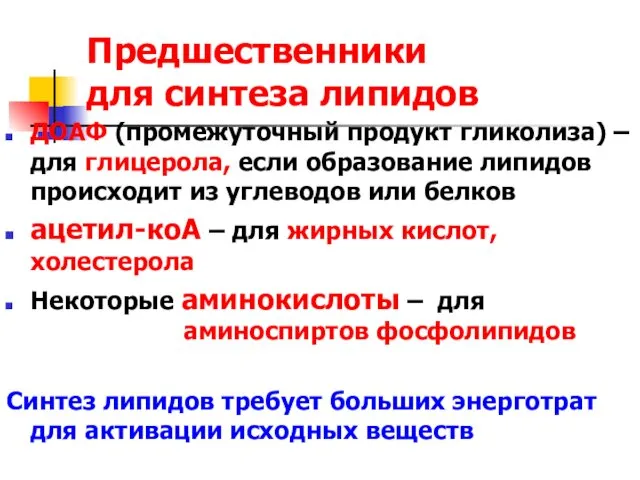 Предшественники для синтеза липидов ДОАФ (промежуточный продукт гликолиза) – для