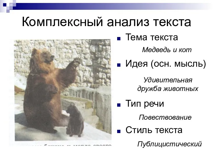 Комплексный анализ текста Тема текста Идея (осн. мысль) Тип речи Стиль текста Медведь